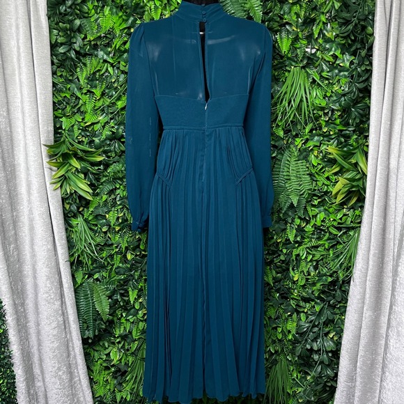 Self-Portrait Dress Size 4 Teal Green Pleated Chiffon Midi Scalloped Lace 3690 - Picture 7 of 9